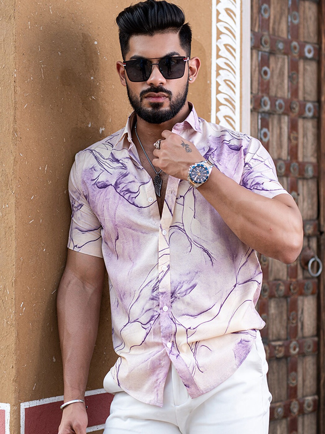 

Tistabene New Abstract Printed Button-Down Collar Regular Fit Crepe Casual Shirt, Purple