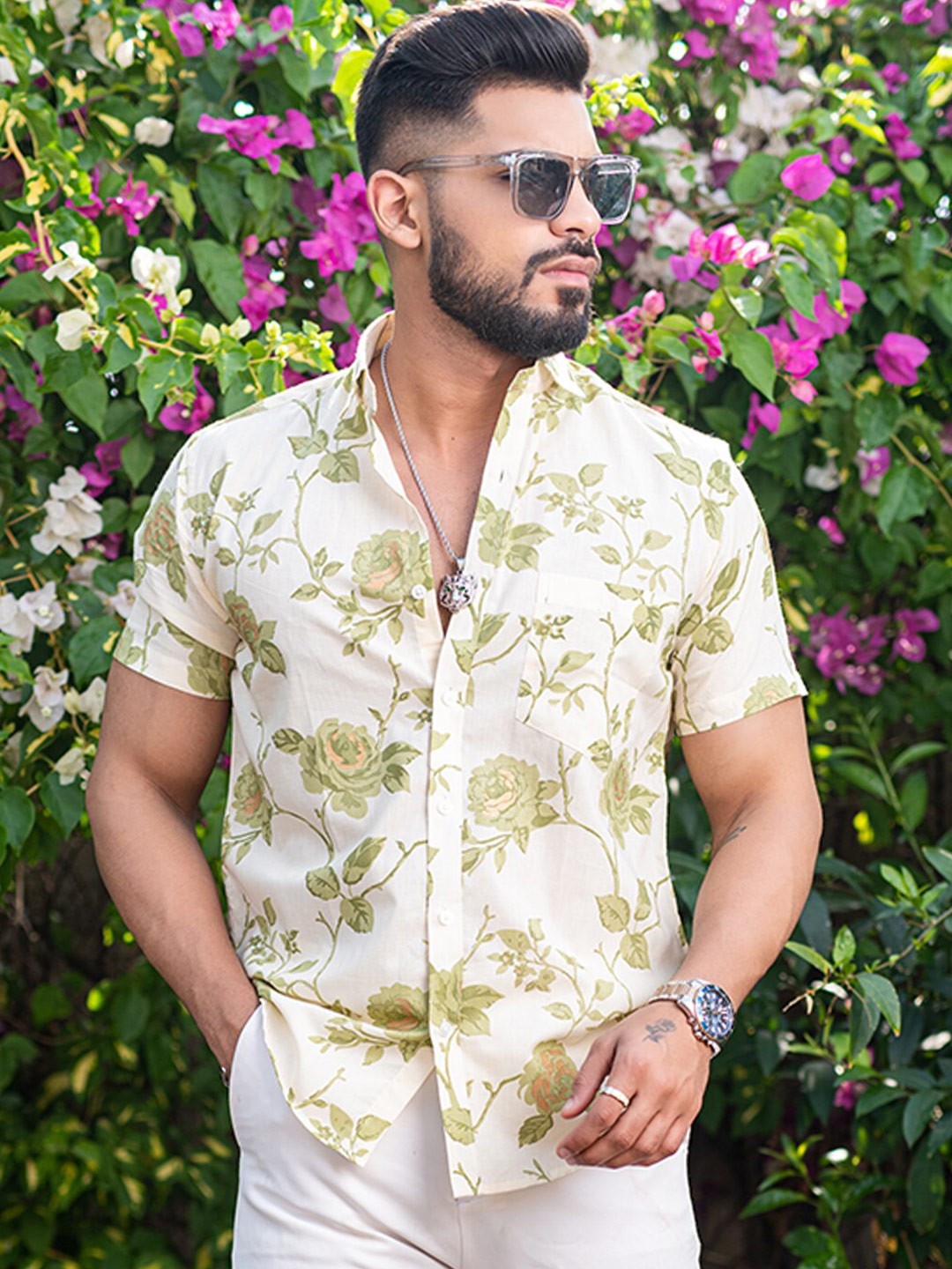 

Tistabene New Floral Printed Spread Collar Regular Fit Cotton Casual Shirt, Cream
