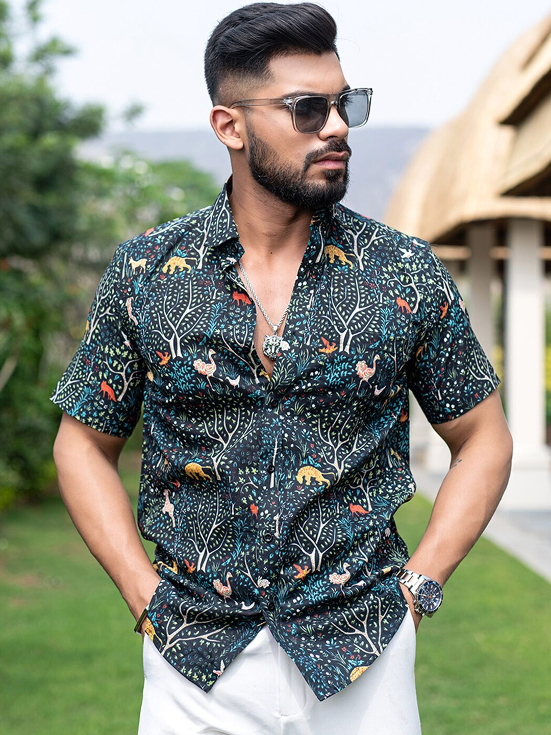 

Tistabene New Conversational Printed Spread Collar Regular Fit Cotton Casual Shirt, Green