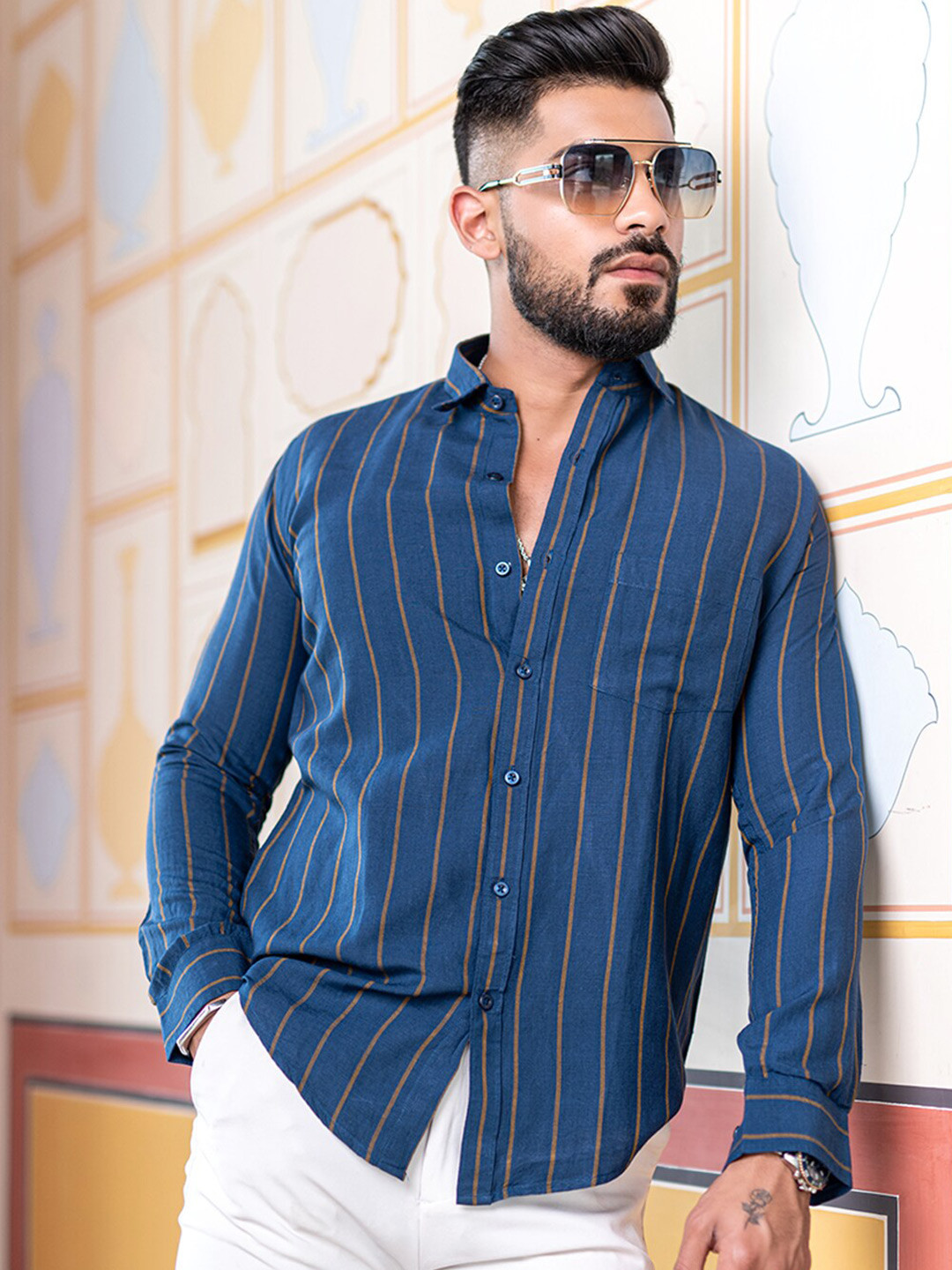 

Tistabene New Striped Spread Collar Regular Fit Cotton Casual Shirt, Blue