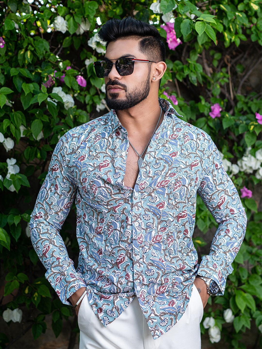 

Tistabene New Floral Printed Spread Collar Regular Fit Crepe Casual Shirt, Blue