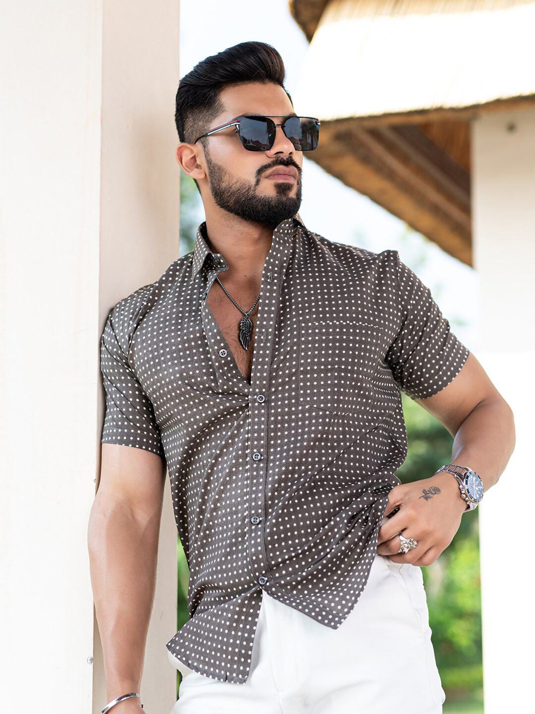 

Tistabene New Geometric Printed Spread Collar Regular Fit Cotton Casual Shirt, Brown
