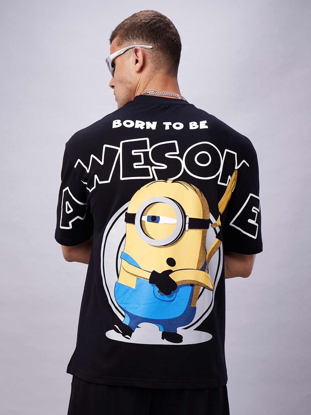 

Bewakoof Minions Printed Round Neck Pure Cotton Oversized T-shirt, Black