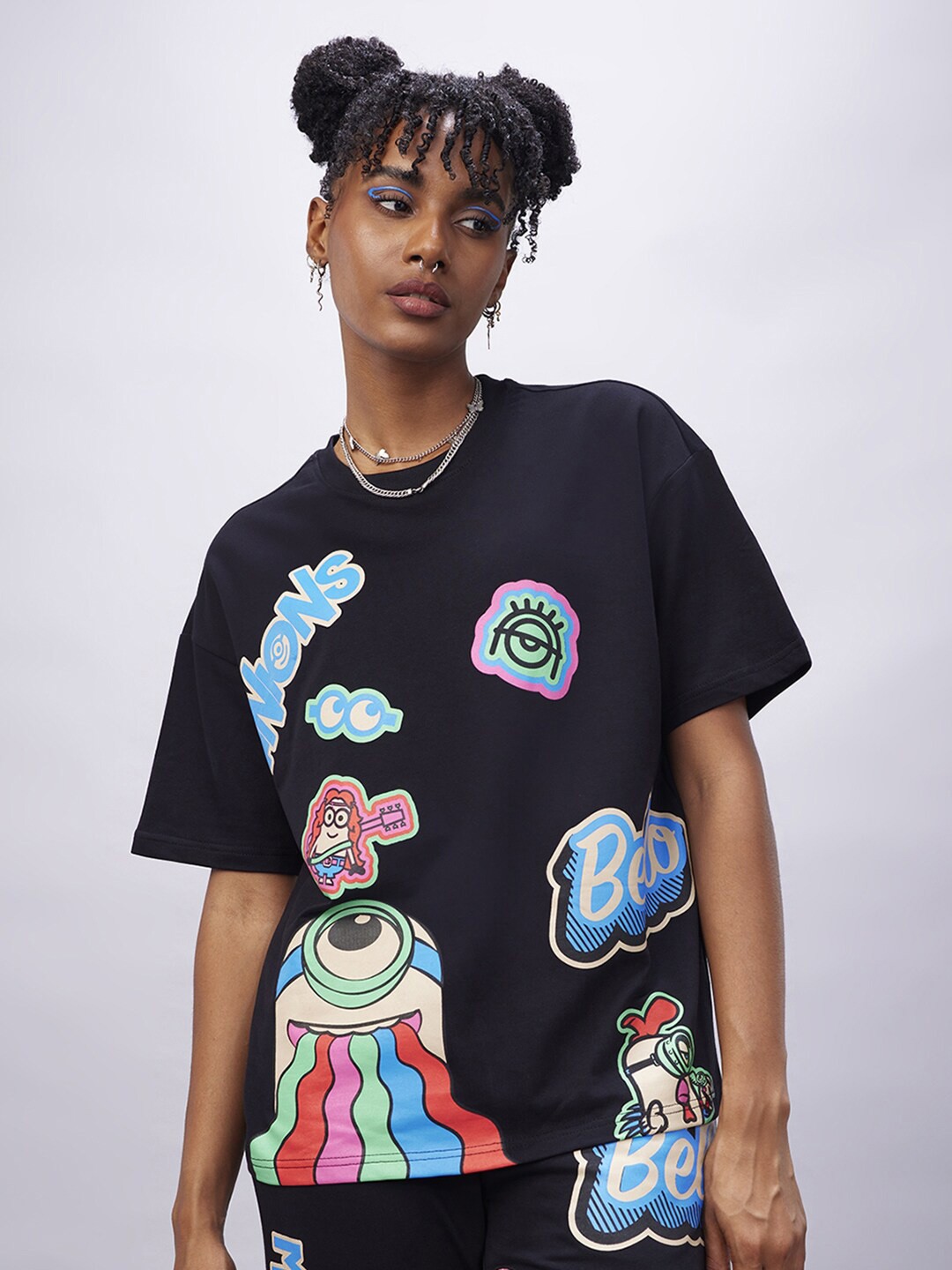 

Bewakoof Minions Printed Round Neck Pure Cotton Oversized T-shirt, Black
