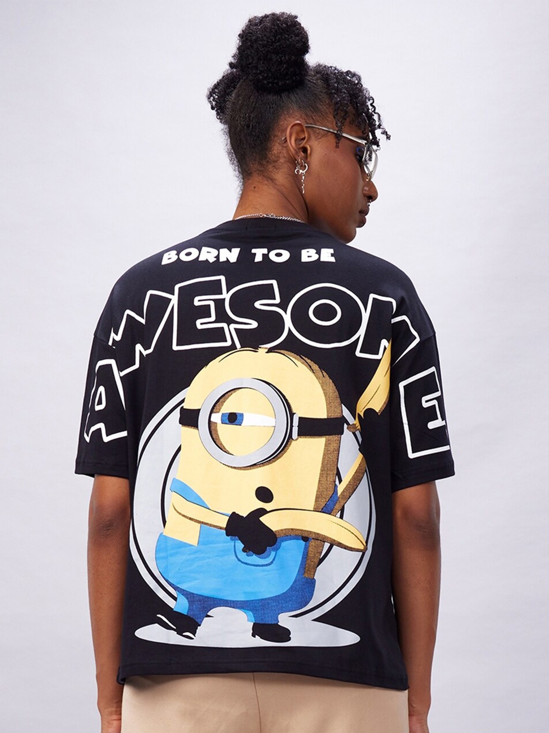 

Bewakoof Minions Printed Round Neck Pure Cotton Oversized T-shirt, Black