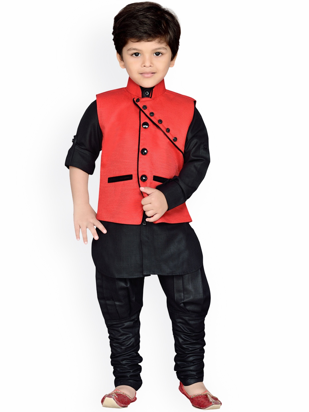 

Aj DEZInES Boys Red & Black Solid Kurta With Churidar
