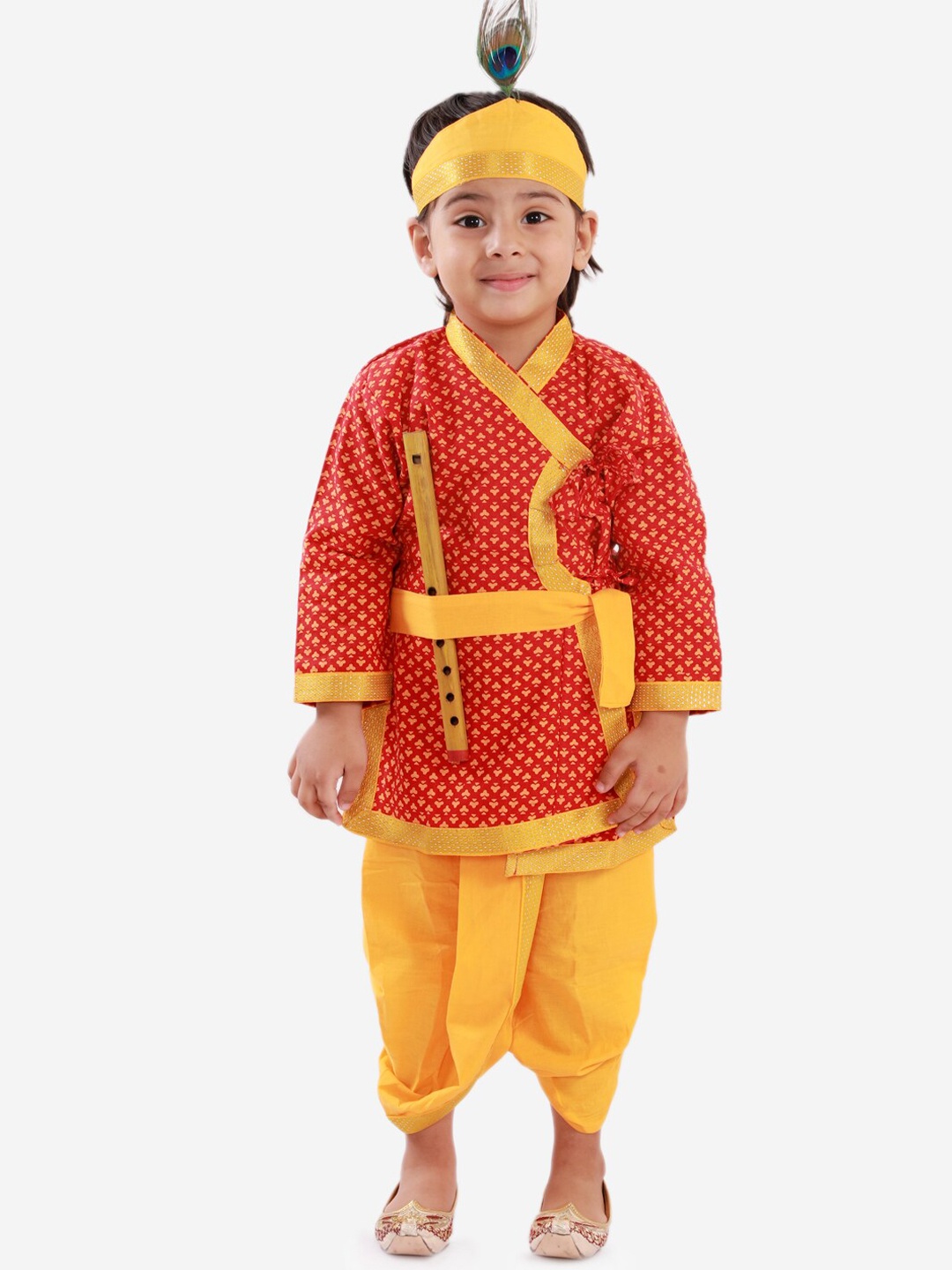 

KID1 Boys Red Printed Angrakha Gotta Patti Kurta with Dhoti Pants Traditional Krishna Set