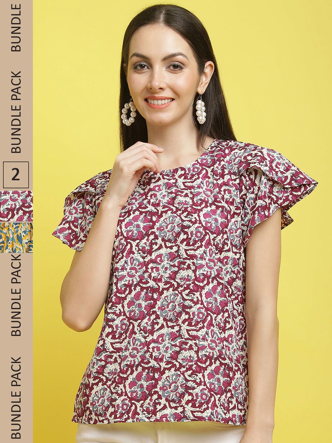 

Poshyaa Pack Of 2 Floral Printed Flutter Sleeves Top, Pink