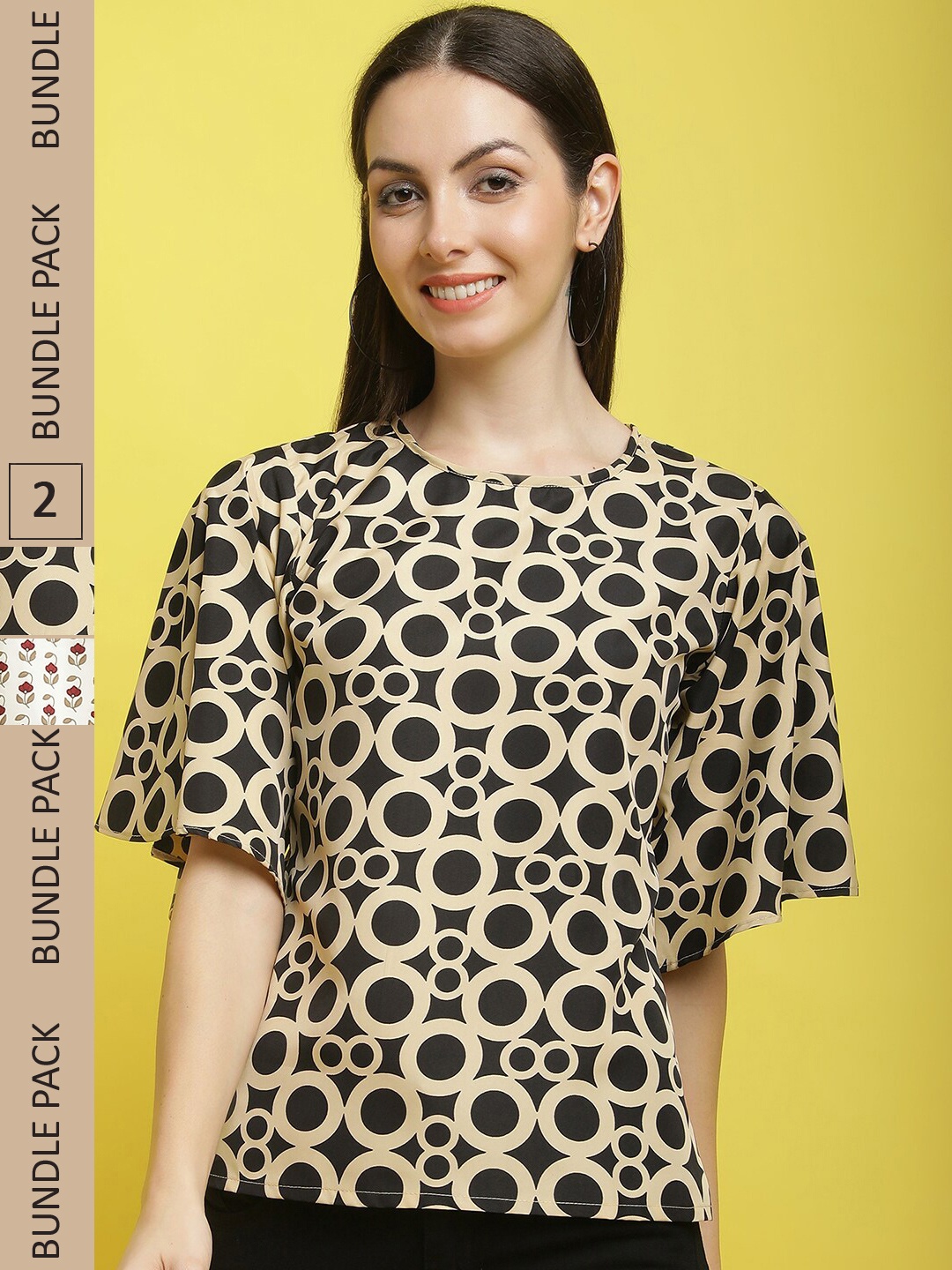 

Poshyaa Pack Of 2 Floral Printed Flutter Sleeves Top, Beige