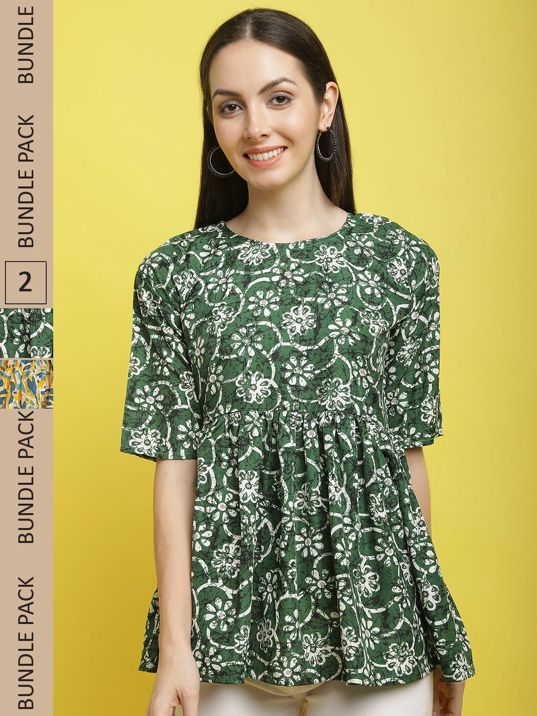 

Poshyaa Pack Of 2 Floral Printed Empire Top, Green