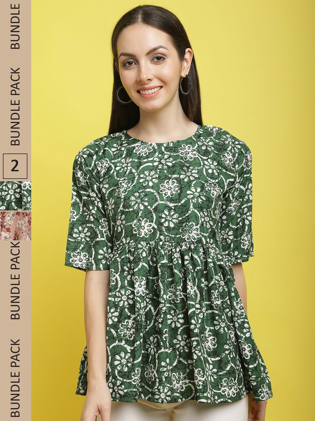 

Poshyaa Pack Of 2 Floral Printed Empire Top, Green