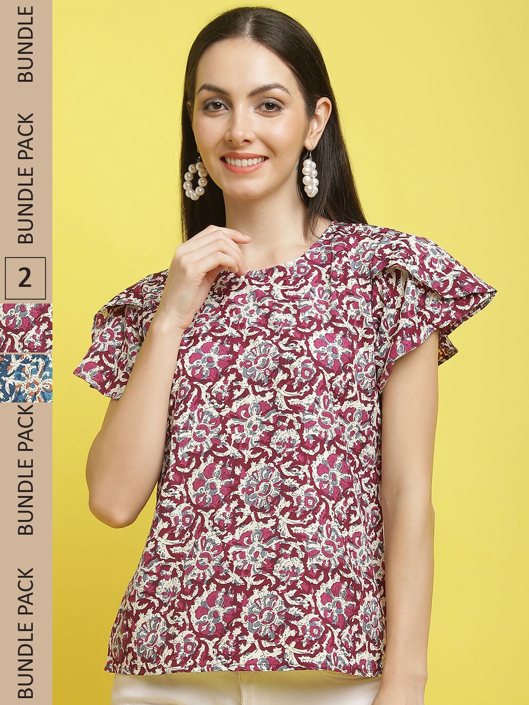 

Poshyaa Pack Of 2 Floral Printed Flutter Sleeves Top, Burgundy