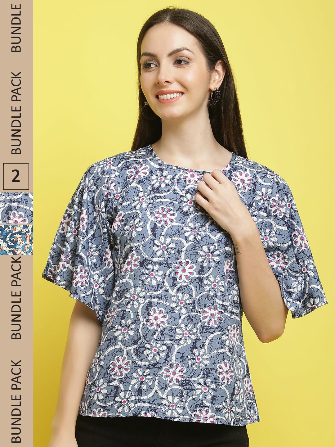 

Poshyaa Pack Of 2 Floral Printed Flared Sleeves Top, Blue