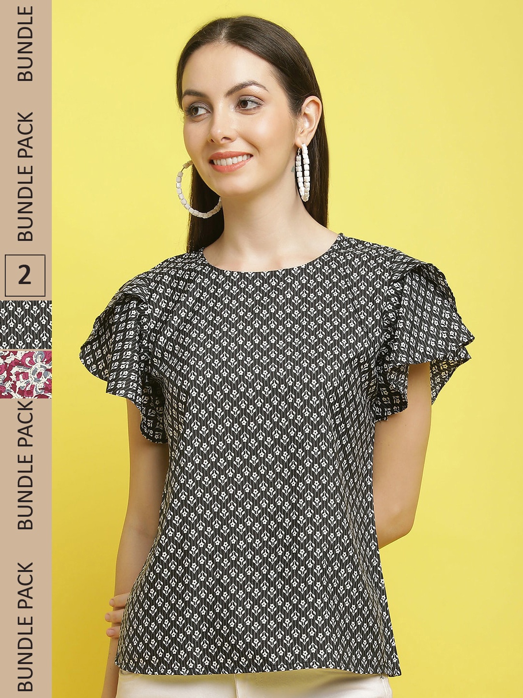 

Poshyaa Pack Of 2 Floral Printed Flutter Sleeves Top, Black