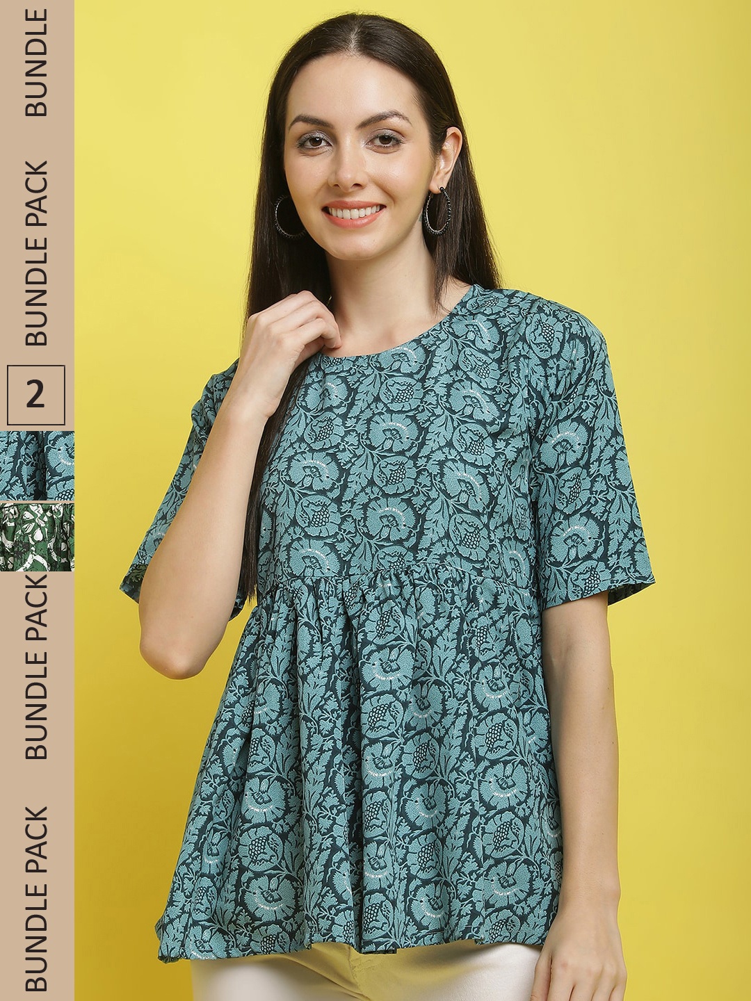 

Poshyaa Pack Of 2 Floral Printed Empire Top, Teal