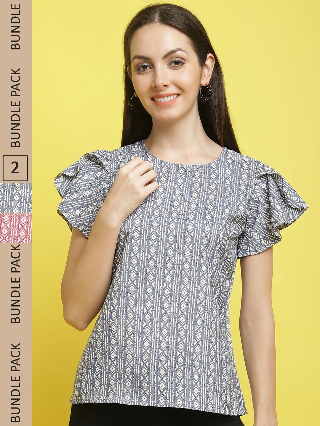 

Poshyaa Pack of 2 Geometric Printed Flutter Sleeves Crepe Top, Grey