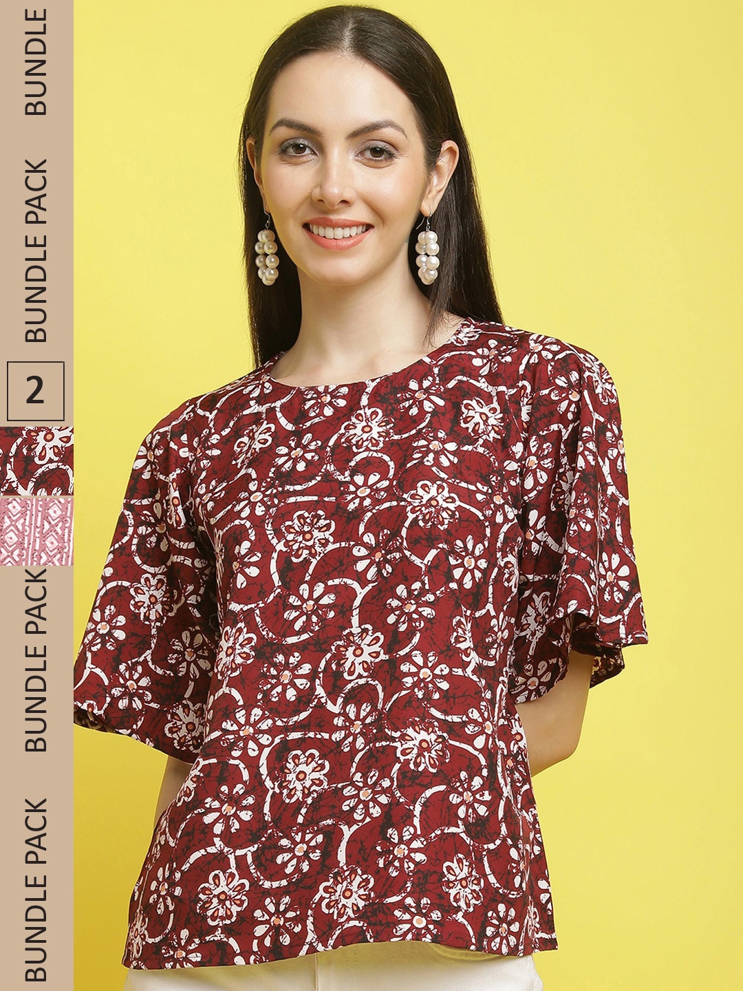 

Poshyaa Pack of 2 Floral Printed Flared Sleeve Crepe Top, Red