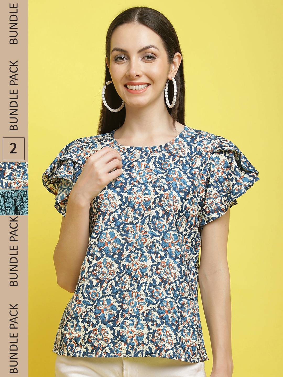 

Poshyaa Pack of 2 Floral Printed Crepe Top, Blue