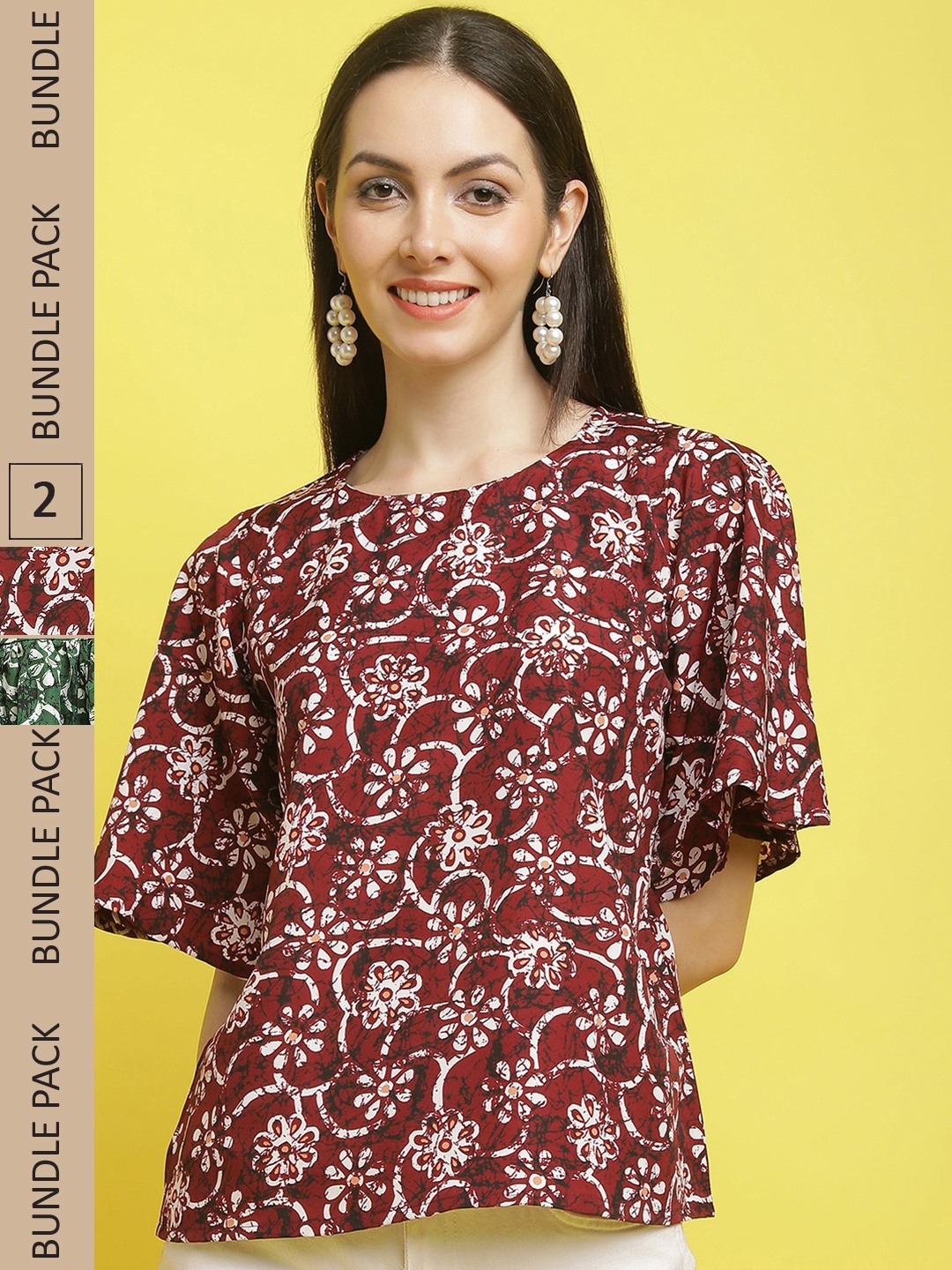 

Poshyaa Pack of 2 Floral Printed Crepe Top, Red