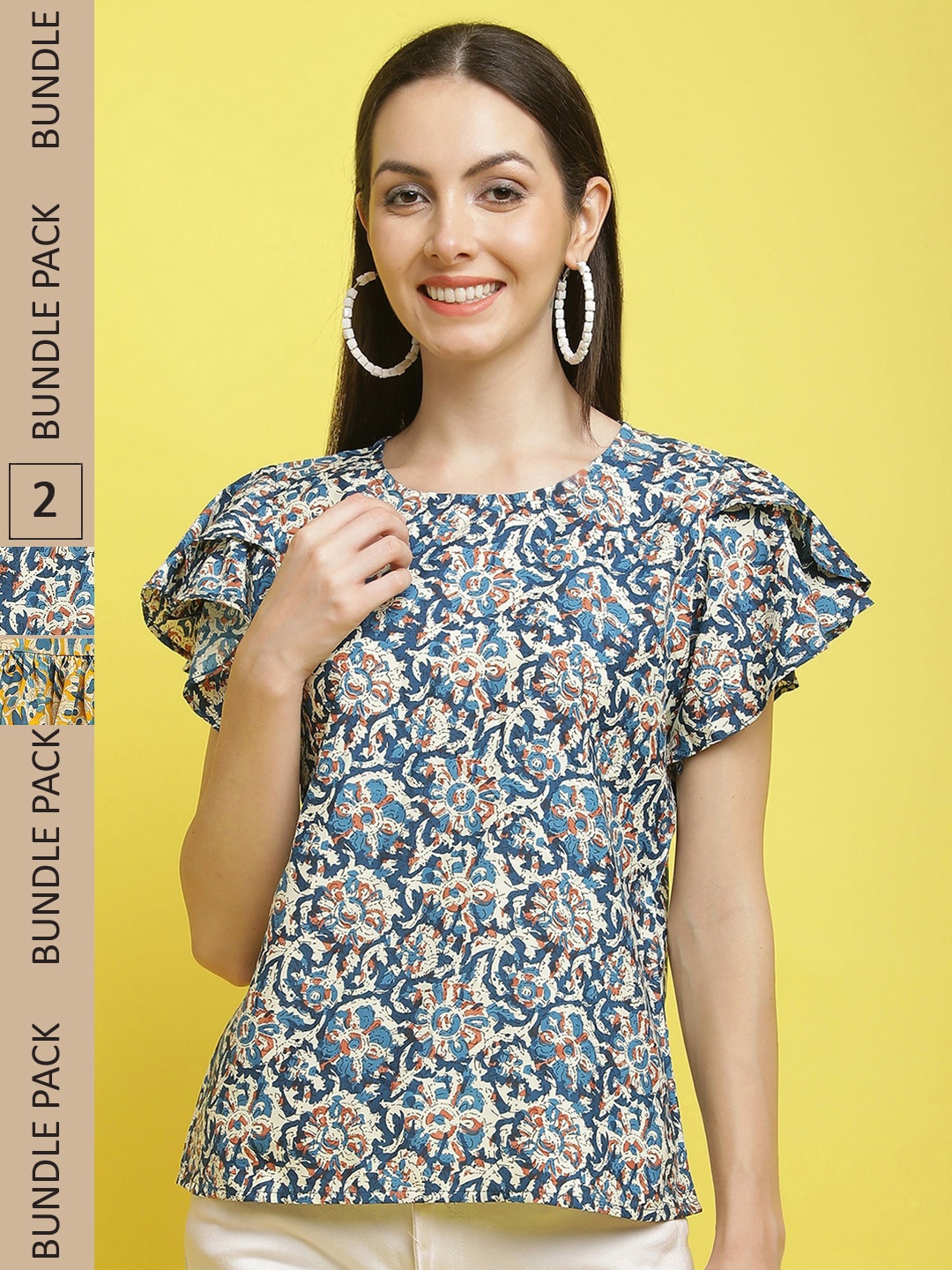 

Poshyaa Pack Of 2 Floral Printed Flutter Sleeves Top, Blue