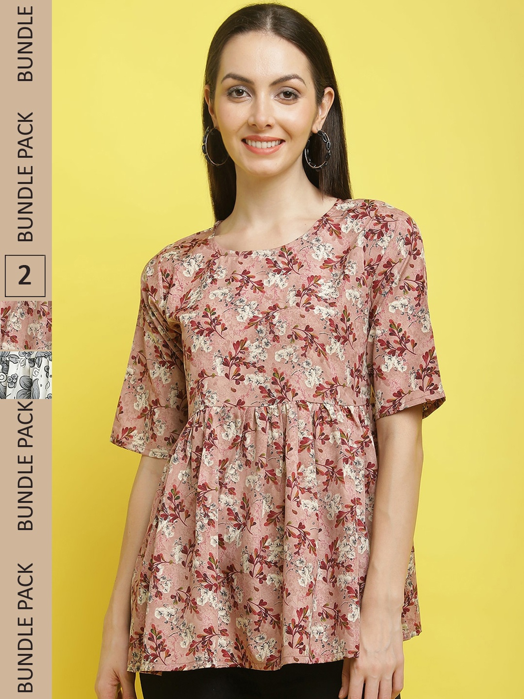 

Poshyaa Pack Of 2 Floral Printed Gathered Empire Top, Mauve
