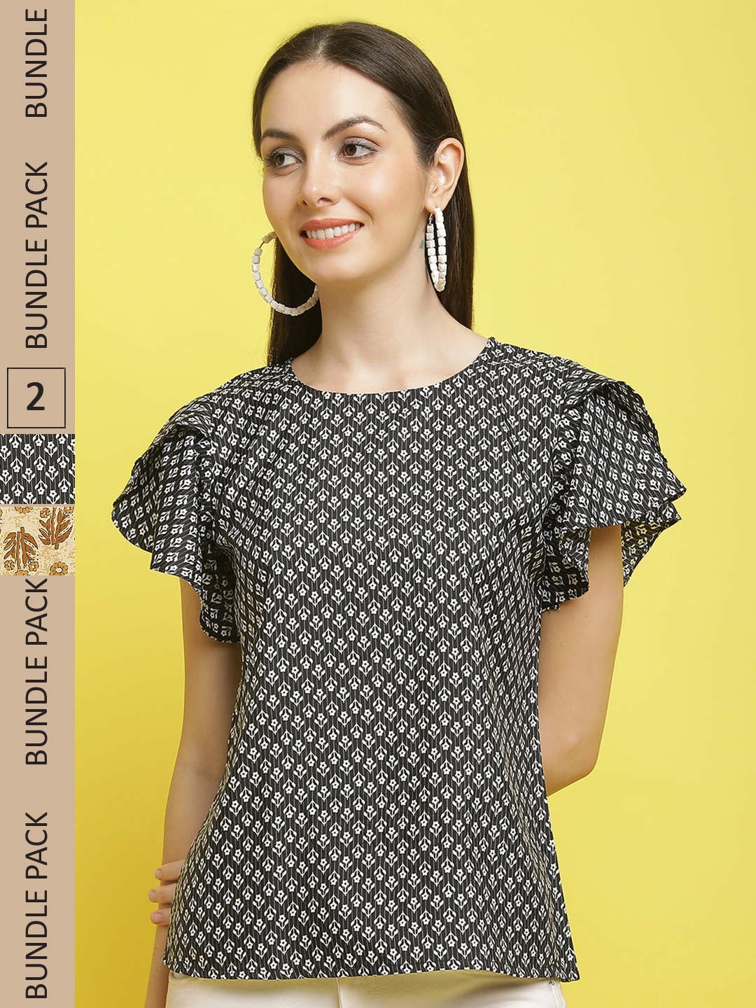 

Poshyaa Pack Of 2 Floral Printed Flutter Sleeves Top, Grey