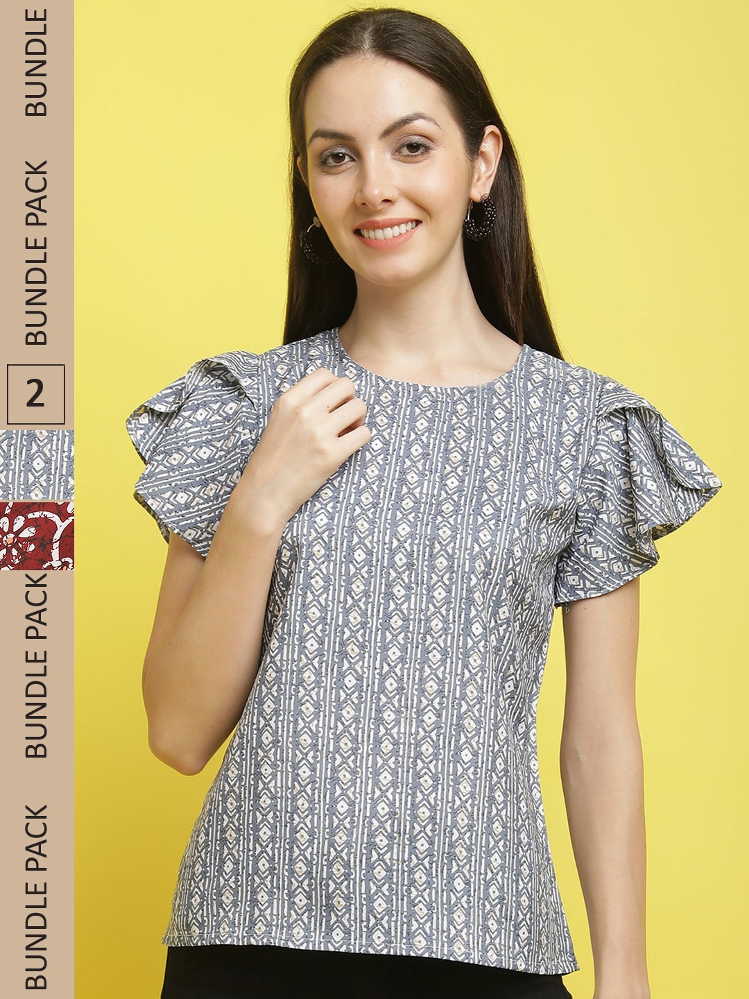 

Poshyaa Pack Of 2 Floral Printed Flutter Sleeves Top, Grey