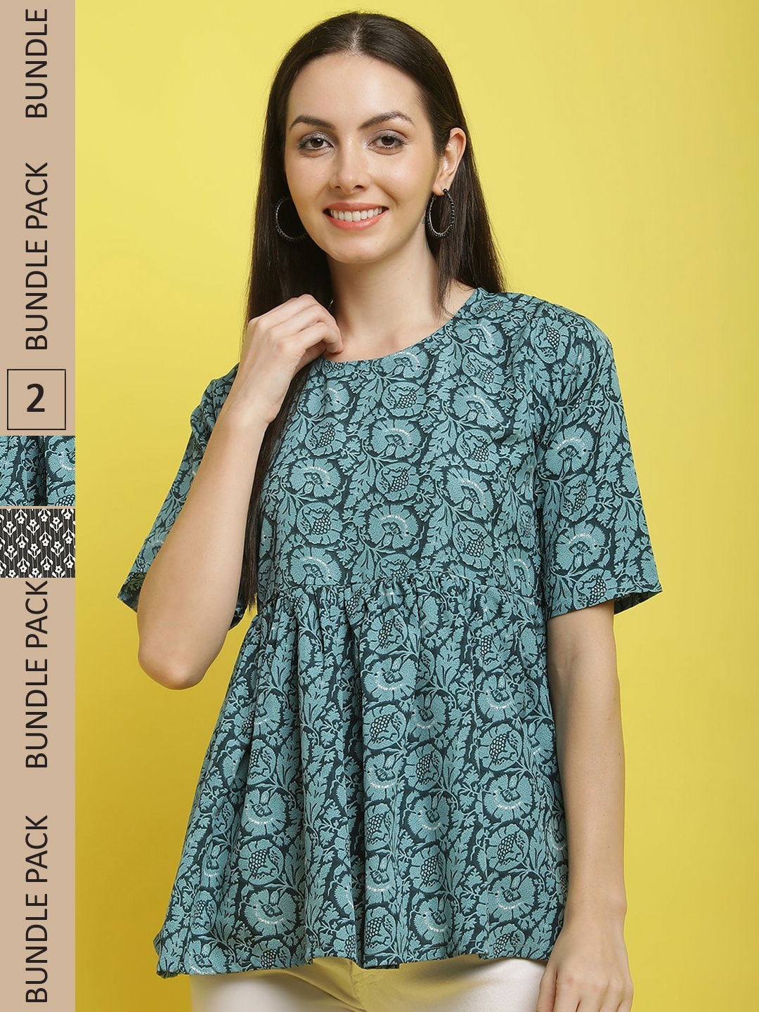 

Poshyaa Pack Of 2 Floral Printed Gathered Top, Blue