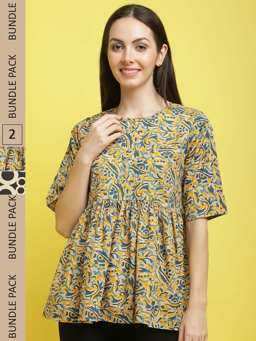

Poshyaa Pack Of 2 Abstract Printed Gathered Top, Yellow