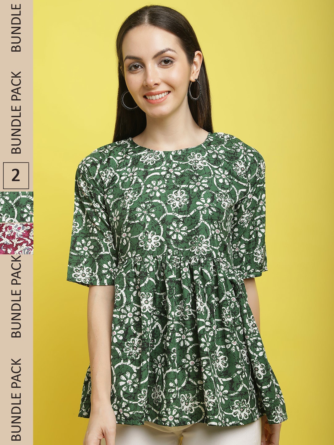 

Poshyaa Pack of 2 Floral Printed Empire Tops, Green