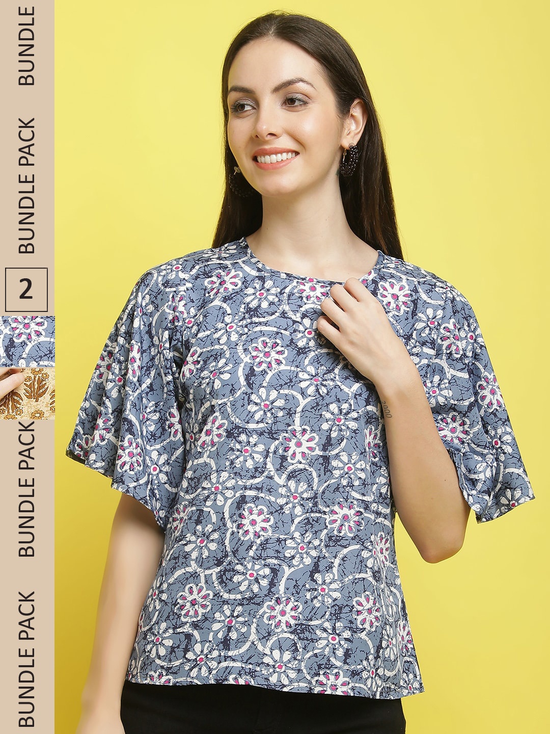 

Poshyaa Pack of 2 Floral Printed Flared Sleeves Tops, Blue
