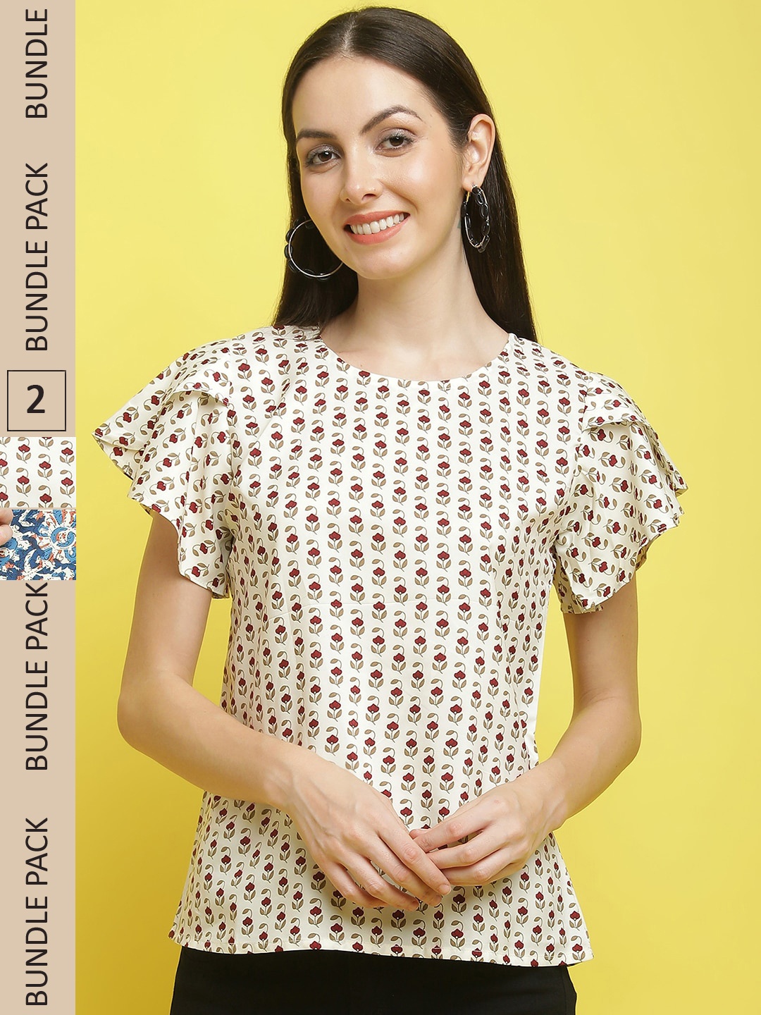 

Poshyaa Pack of 2 Floral Printed Flutter Sleeves Tops, Beige