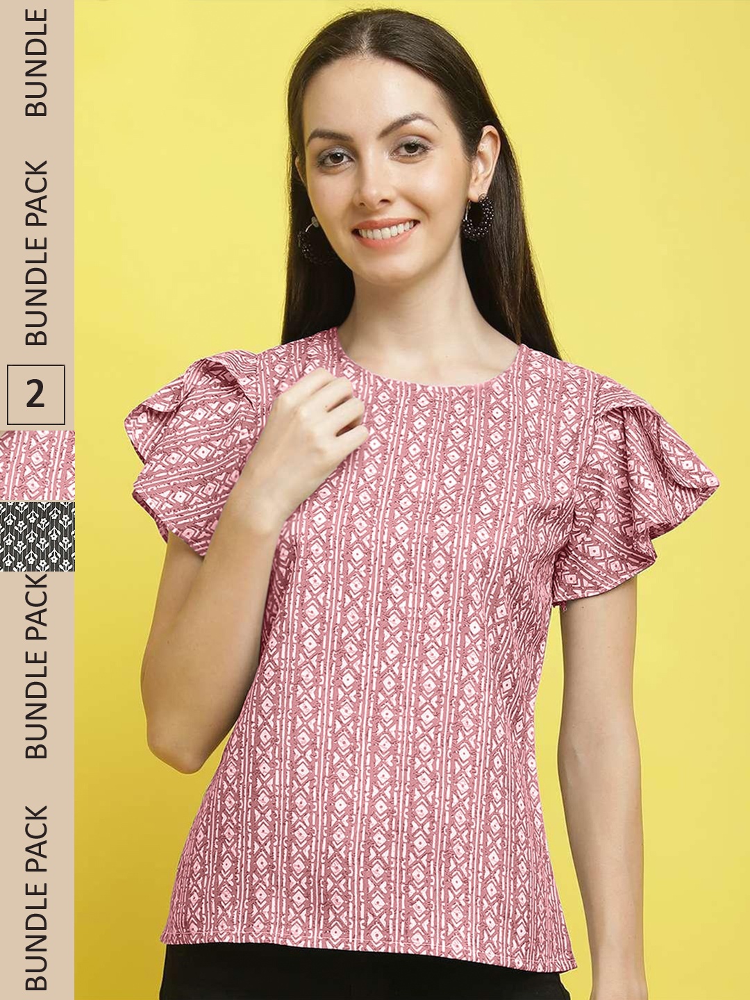 

Poshyaa Pack of 2 Geometric Printed Flutter Sleeves Tops, Pink