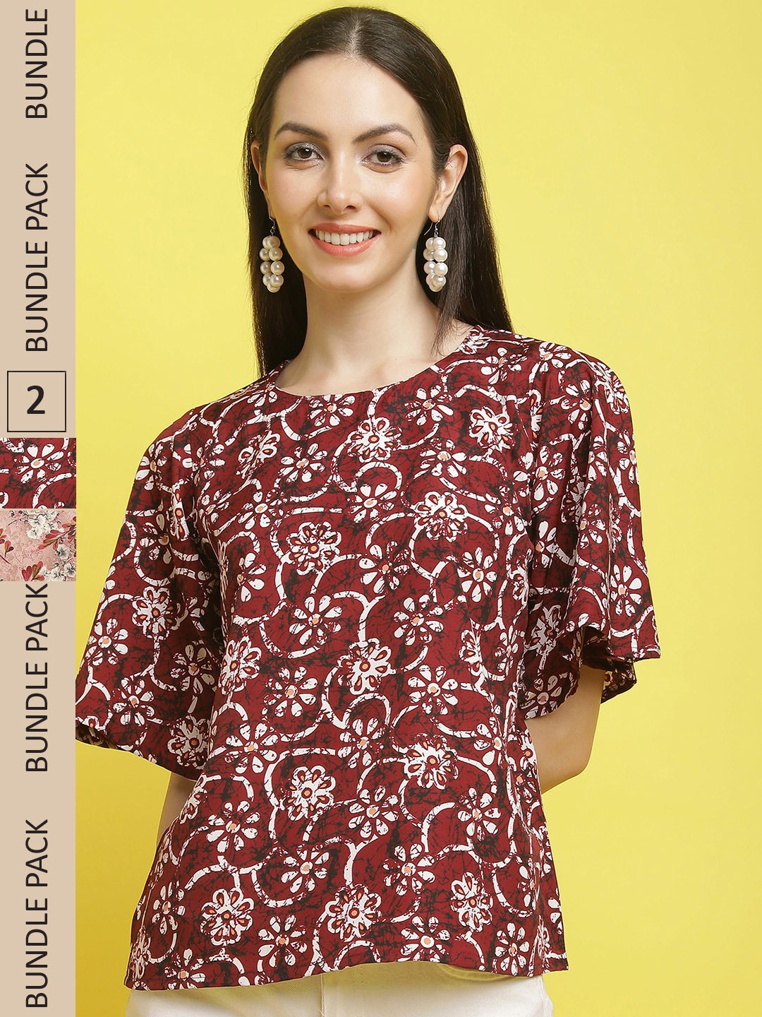 

Poshyaa Pack Of 2 Floral Printed Top, Maroon