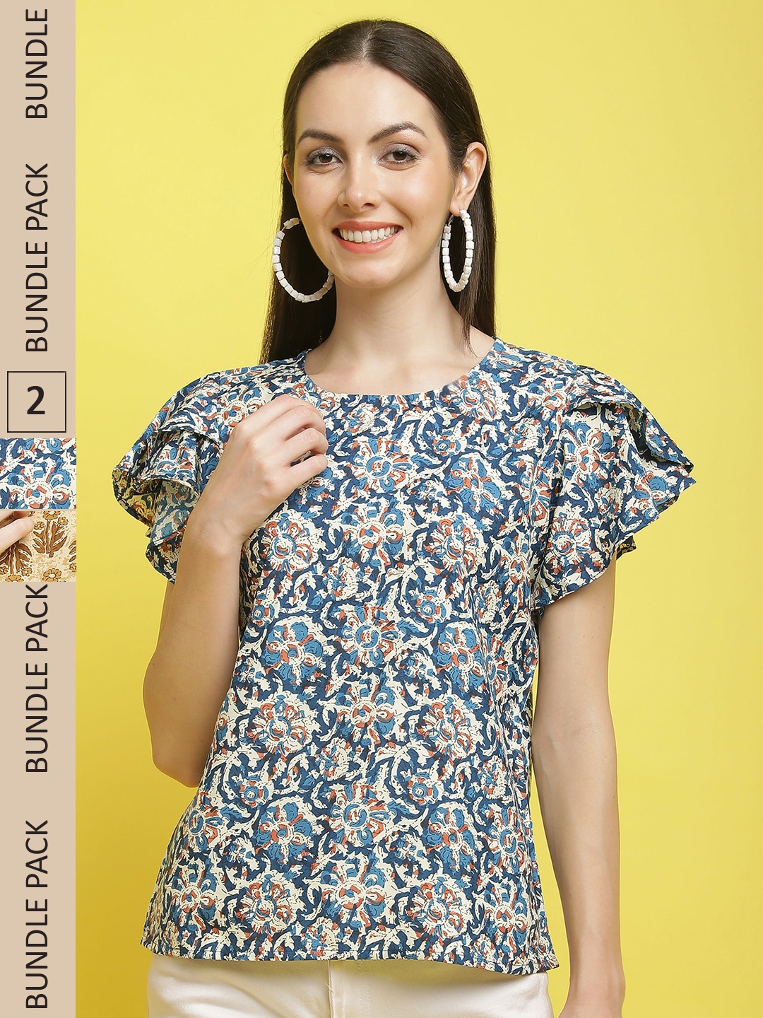 

Poshyaa Pack Of 2 Floral Printed Flutter Sleeve Top, Blue