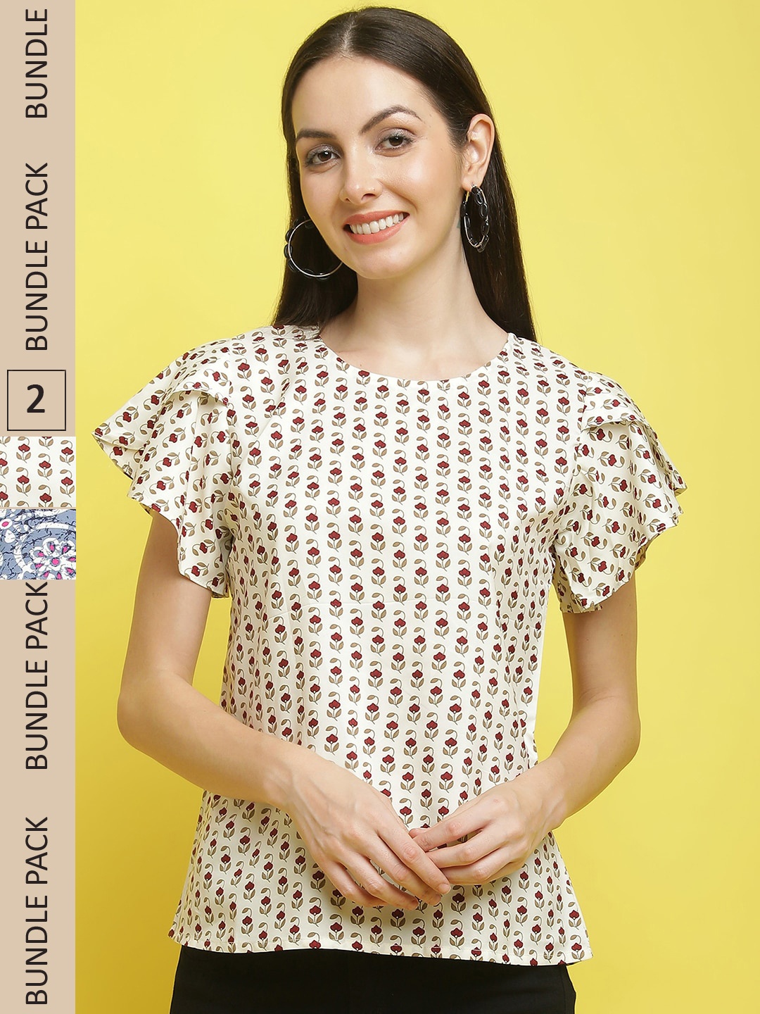 

Poshyaa Set Of 2 Floral Printed Flutter Sleeves Crepe Top, Off white