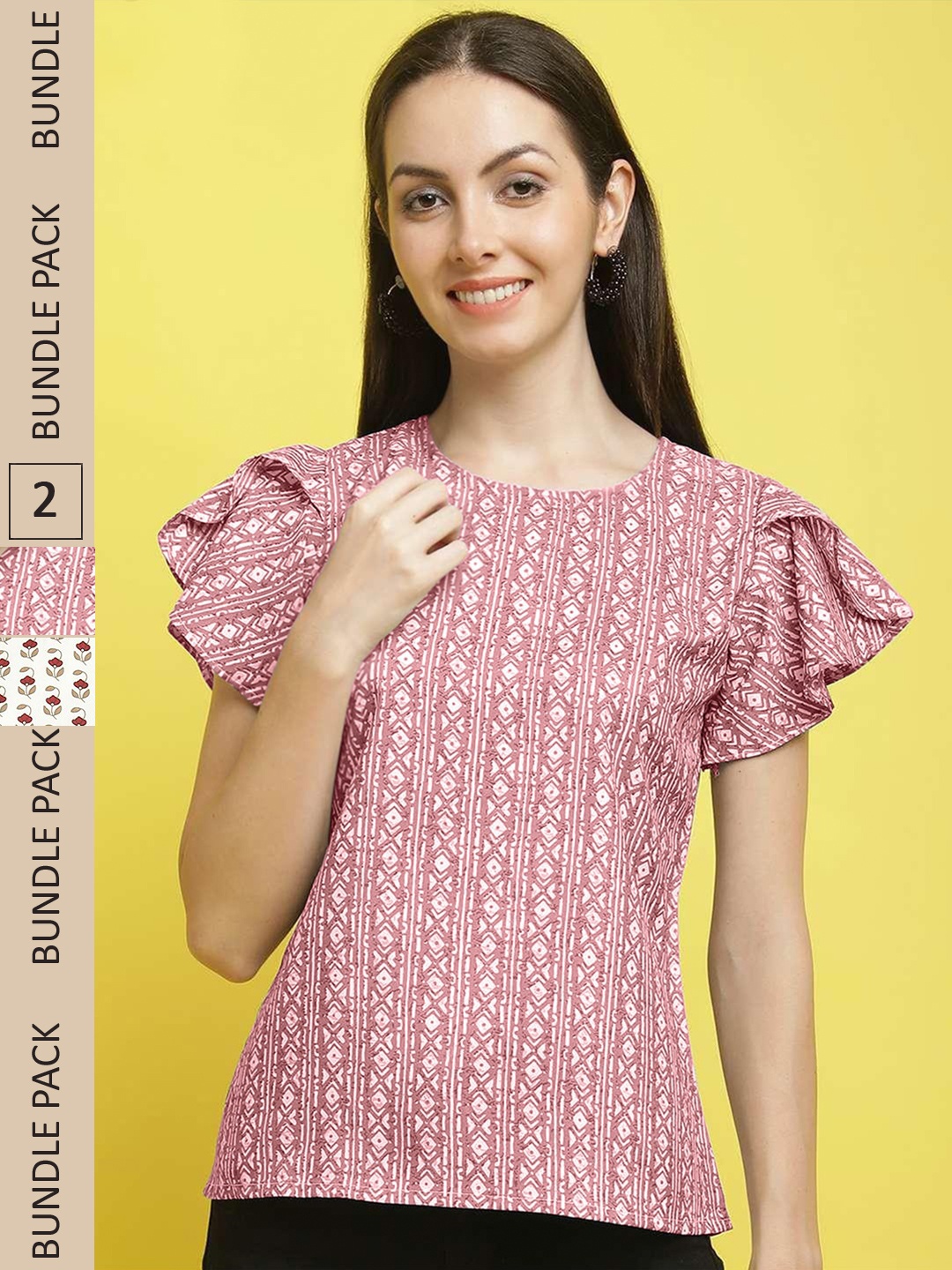 

Poshyaa Set Of 2 Floral Printed Flutter Sleeves Crepe Top, Peach