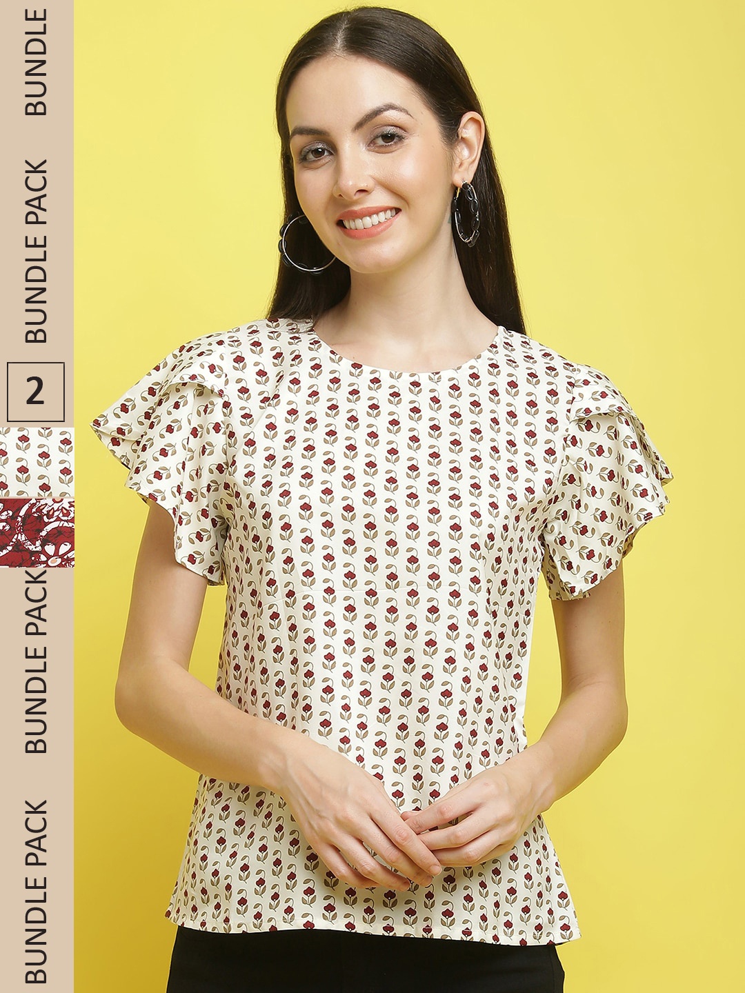 

Poshyaa Set Of 2 Floral Printed Flutter Sleeves Crepe Top, Off white