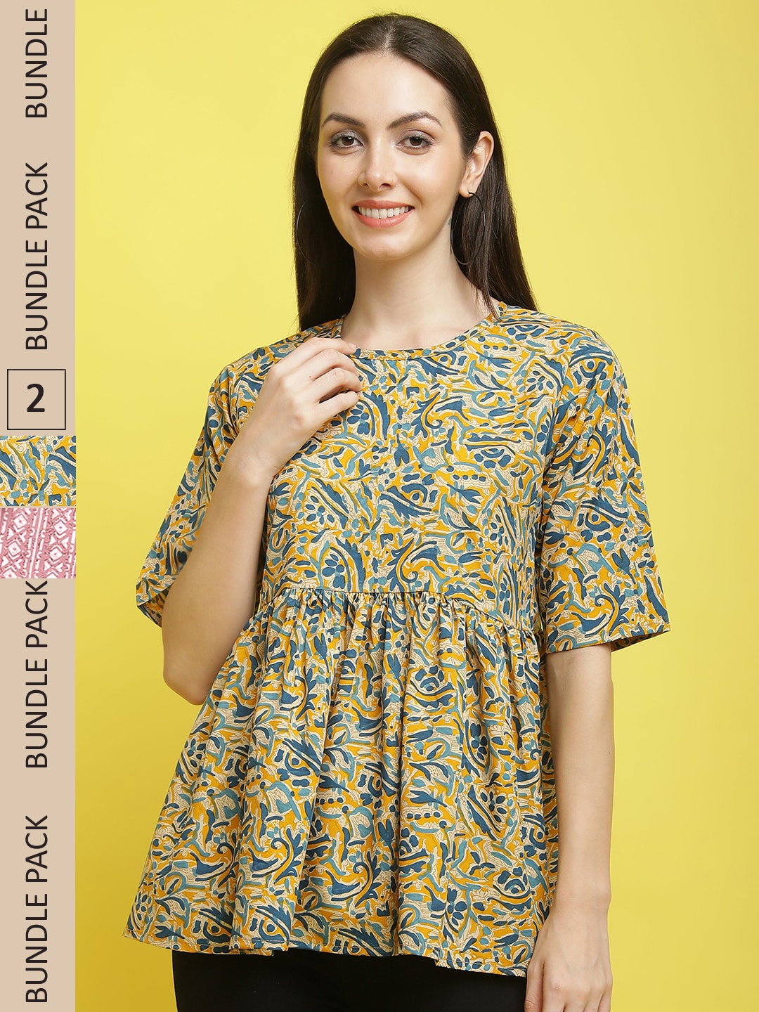 

Poshyaa Set Of 2 Floral Printed Flutter Sleeves Crepe Top, Yellow