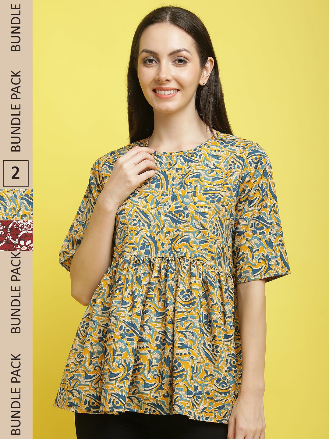 

Poshyaa Set Of 2 Floral Printed Crepe Top, Yellow