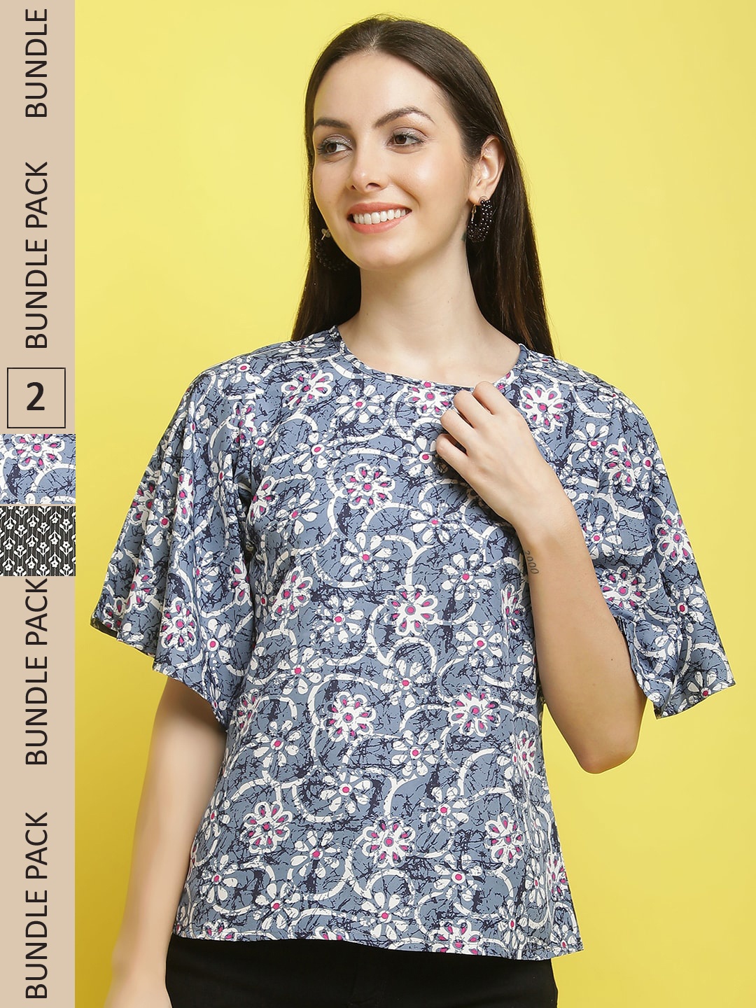 

Poshyaa Set Of 2 Floral Printed Flutter Sleeves Crepe Top, Blue