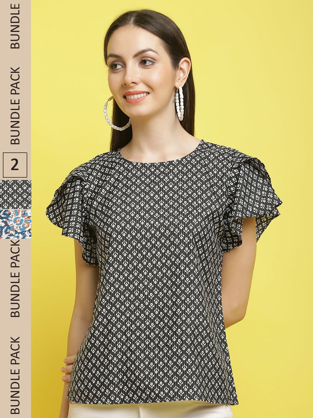 

Poshyaa Set Of 2 Floral Printed Flutter Sleeves Crepe Top, Black