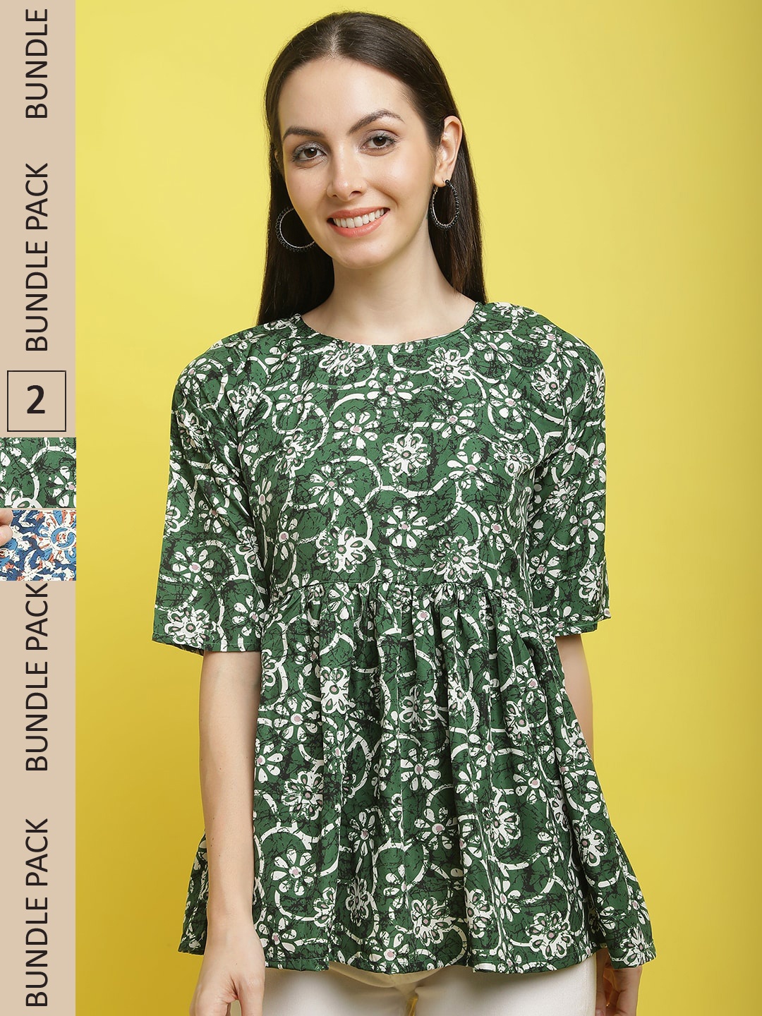 

Poshyaa Set Of 2 Floral Printed Flutter Sleeves Crepe Top, Green