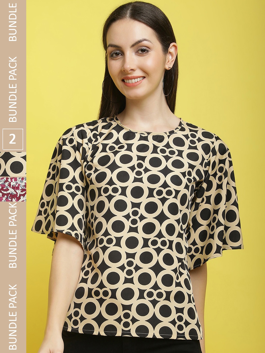 

Poshyaa Pack Of 2 Printed Flared Sleeve Top, Black