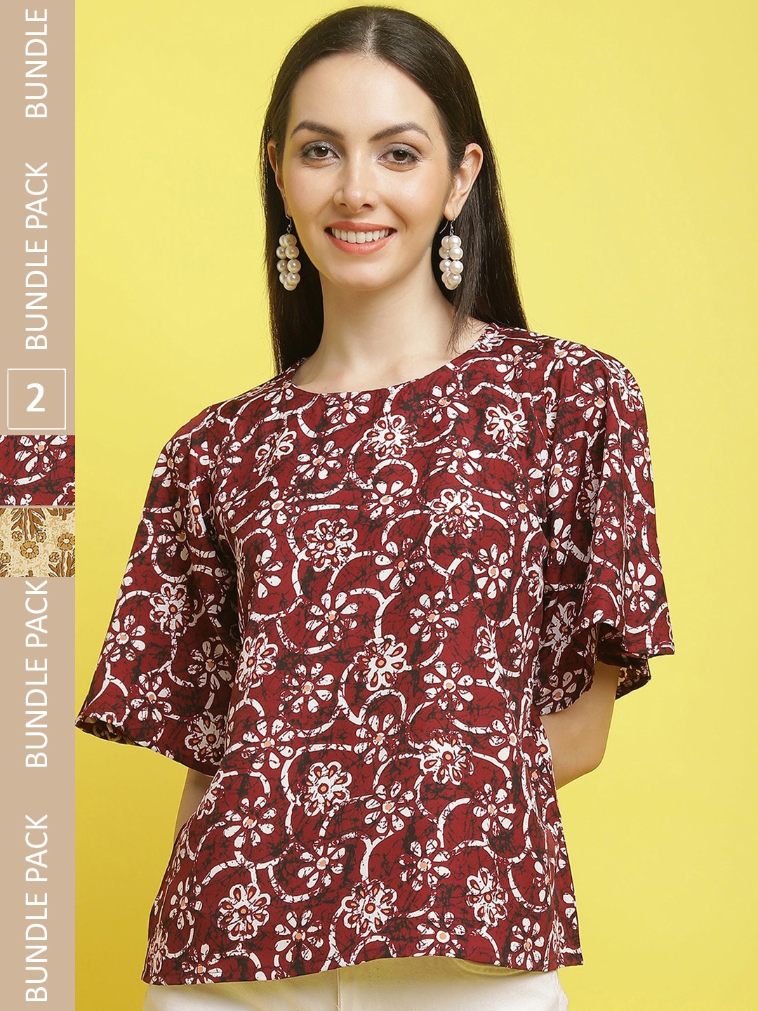 

Poshyaa Pack Of 2 Printed Flared Sleeve Top, Maroon