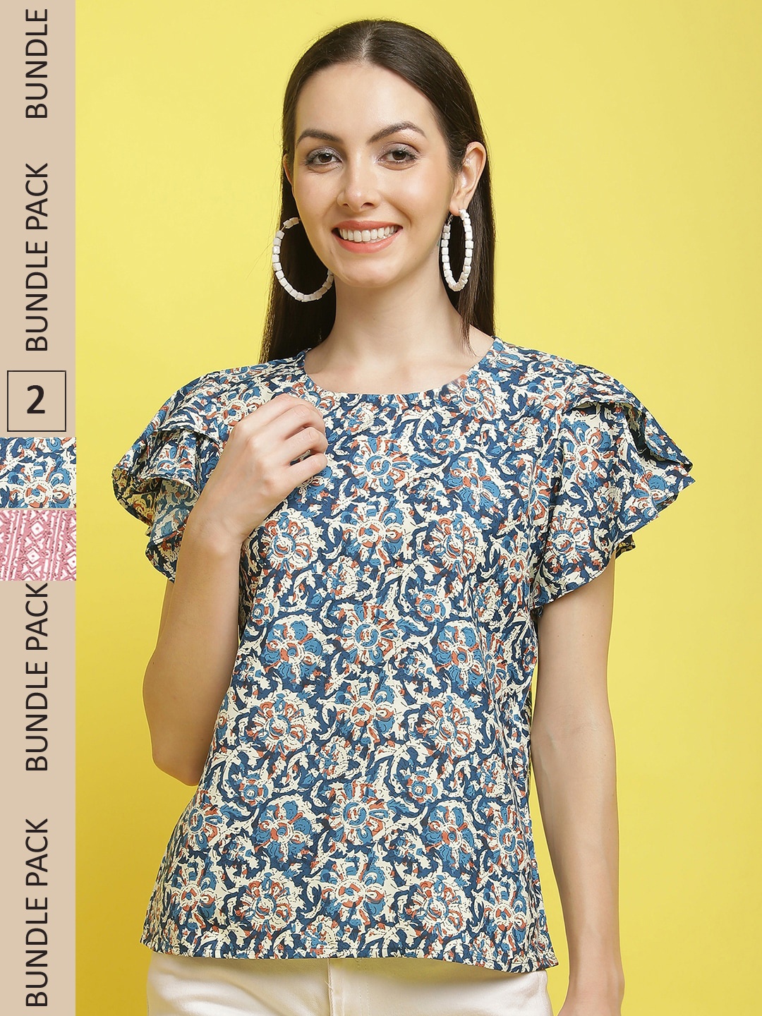 

Poshyaa Pack Of 2 Printed Flared Sleeve Top, Blue