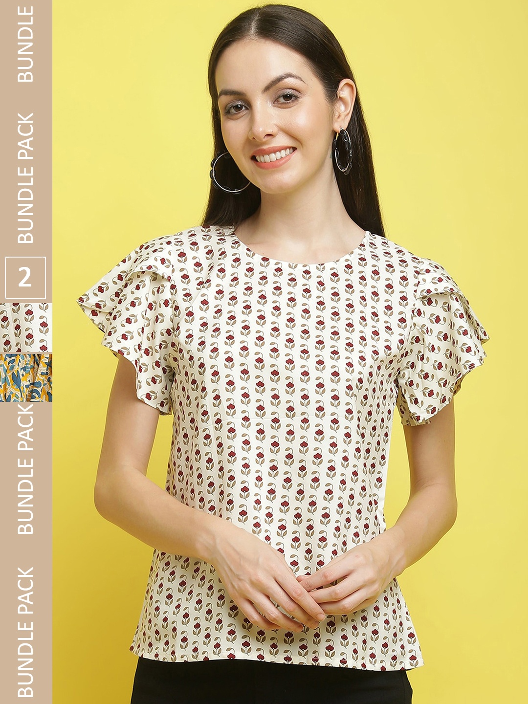 

Poshyaa Pack Of 2 Printed Flared Sleeve Top, Cream