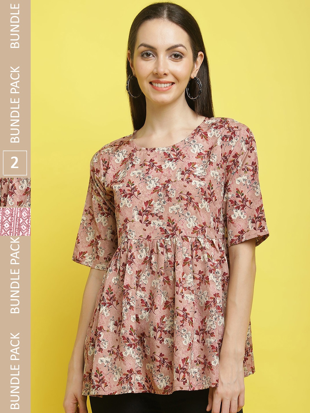 

Poshyaa Pack Of 2 Printed Flared Sleeve Top, Mauve