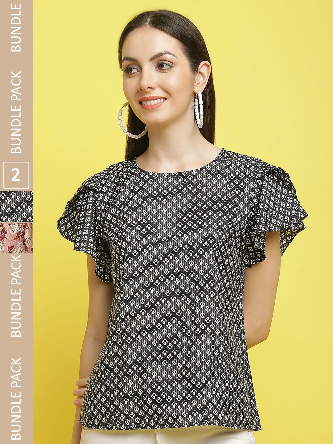 

Poshyaa Pack Of 2 Floral Printed Regular Tops, Black