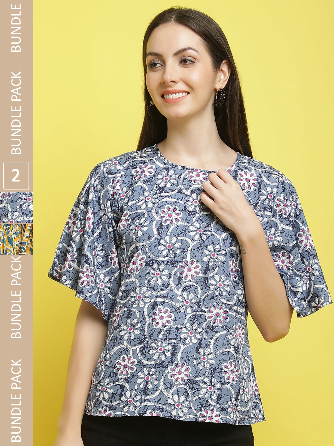 

Poshyaa Pack Of 2 Floral Printed Regular Tops, Blue